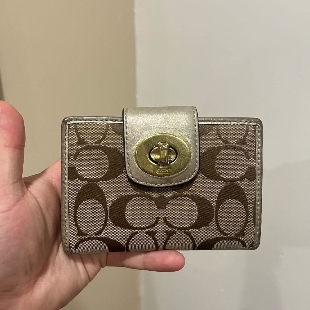 Coach Signature Canvas Turnlock Small Wallet Brown Metallic Champagne Leather